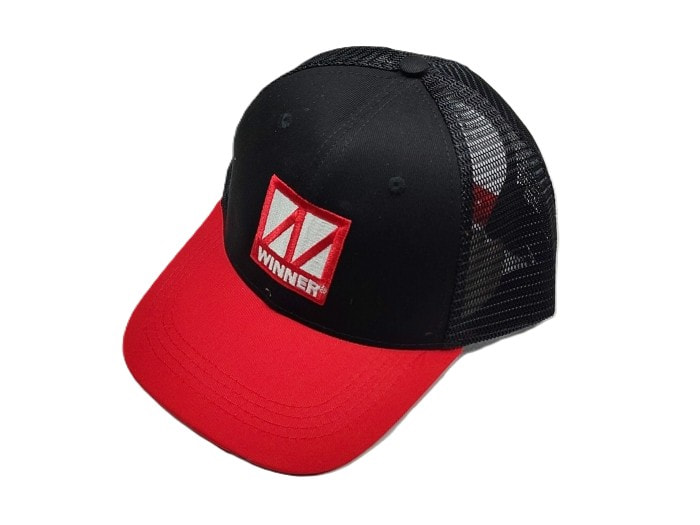 Baseballkappe, Trucker-Kappe, roter Schirm, schwarzes Netz, Logo-Patch