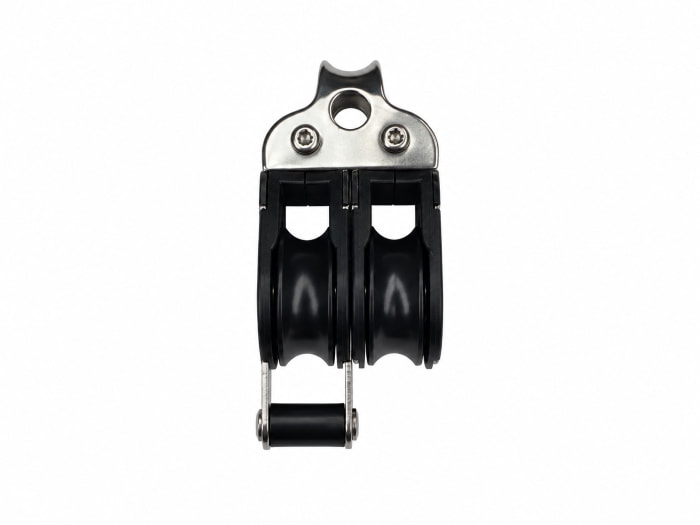 Block Ronstan doppel mit Hundsfott, 20mm Doppelblock, Umlenkrolle, schwarzer Kunststoff, Metallbeschlag, zwei Rollen